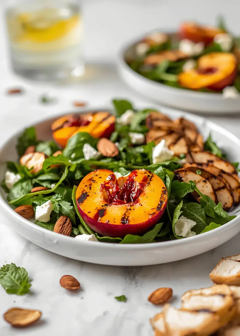 grilled peach arugula salad ready to serve