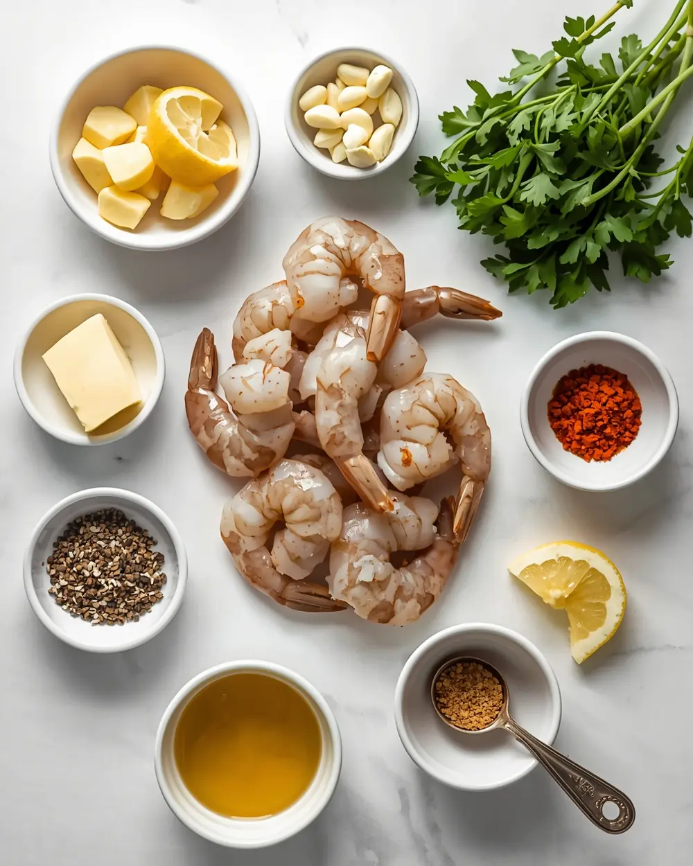 Ingredients for grilled shrimp skewers garlic butter