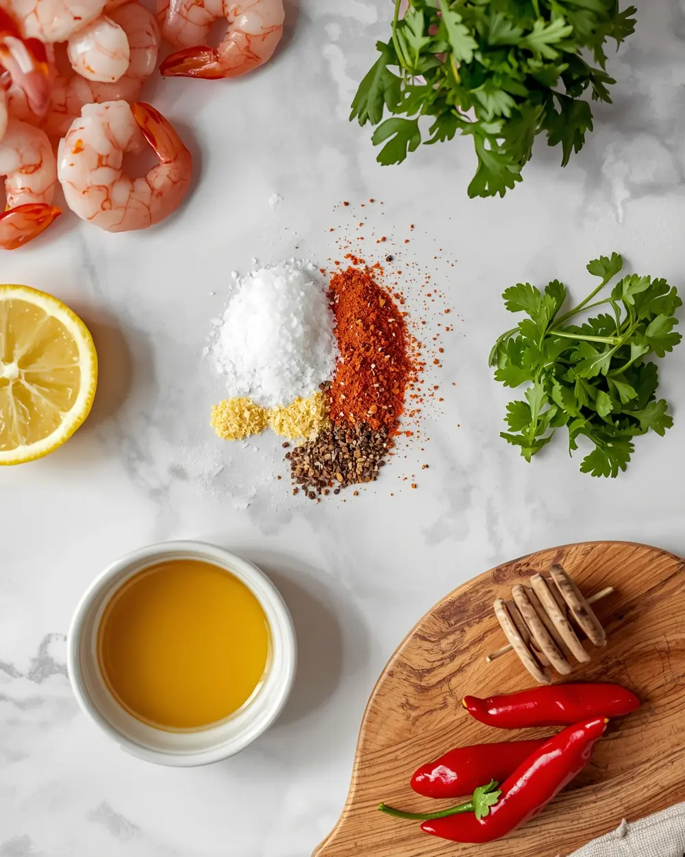 Ingredients for grilled shrimp skewers garlic