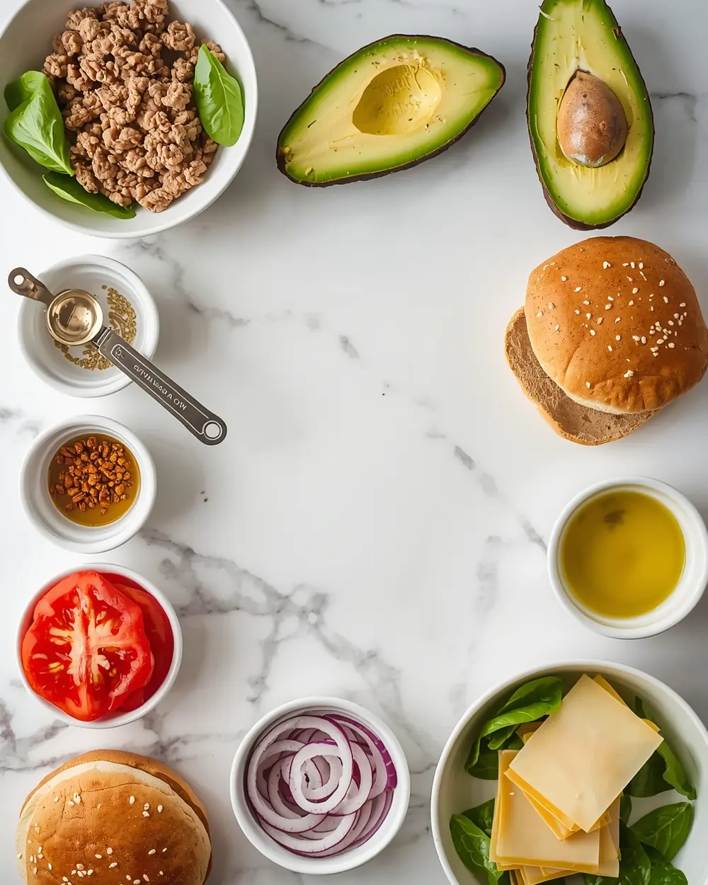 Ingredients for grilled turkey burger avocado