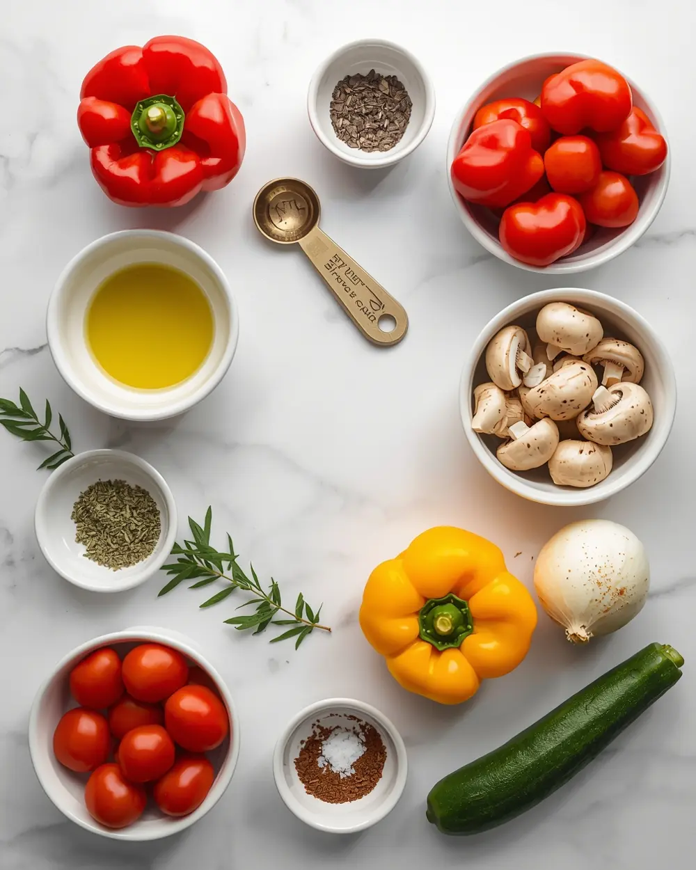 Ingredients for grilled veggie kabobs colorful
