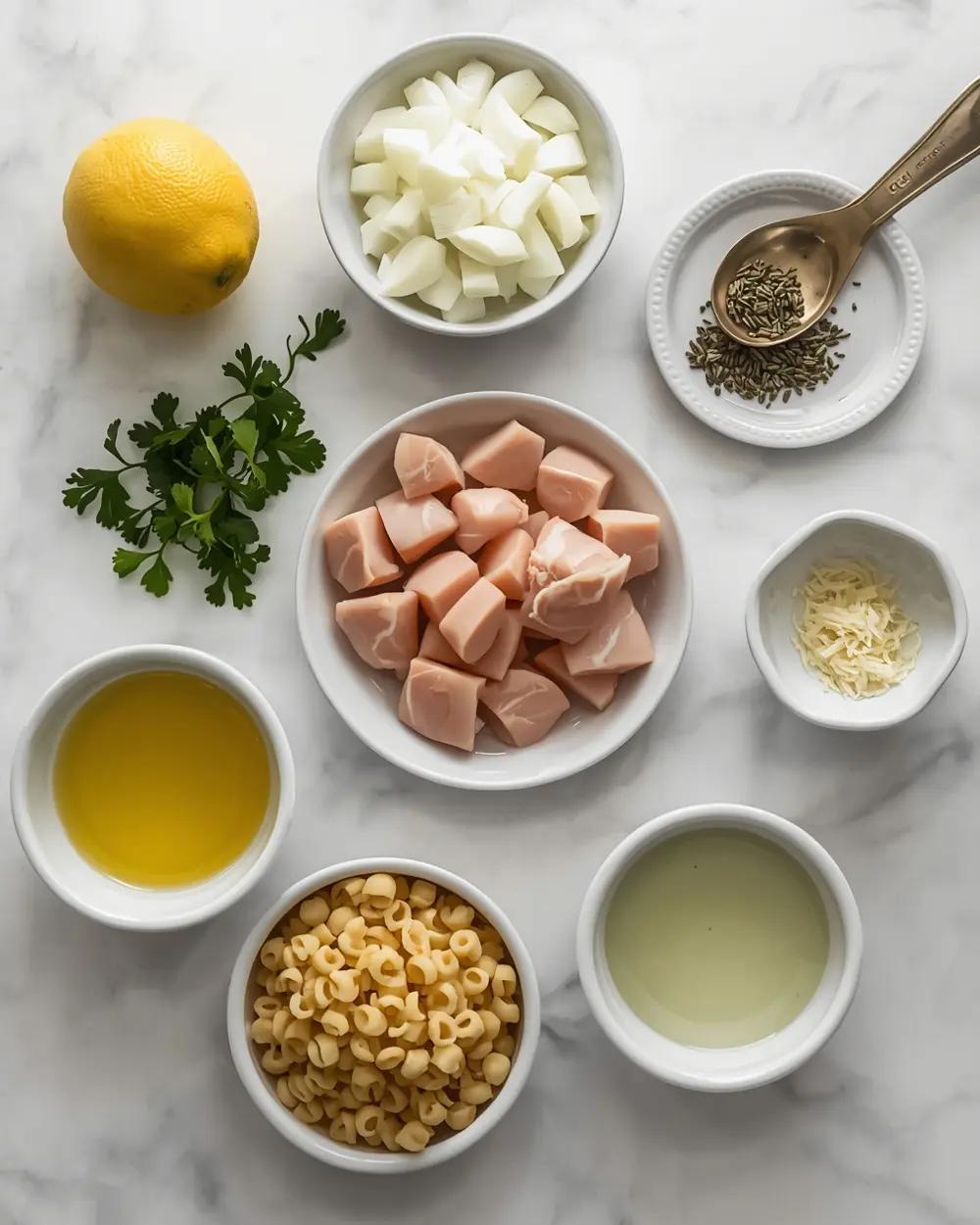 Ingredients for one pan lemon chicken orzo
