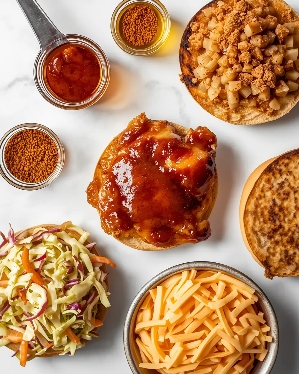 Ingredients for pulled chicken BBQ sandwich