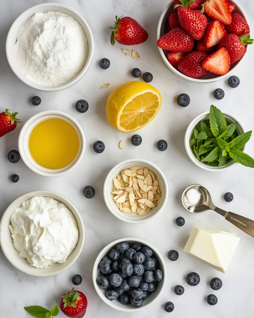 Ingredients for strawberry blueberry pavlova