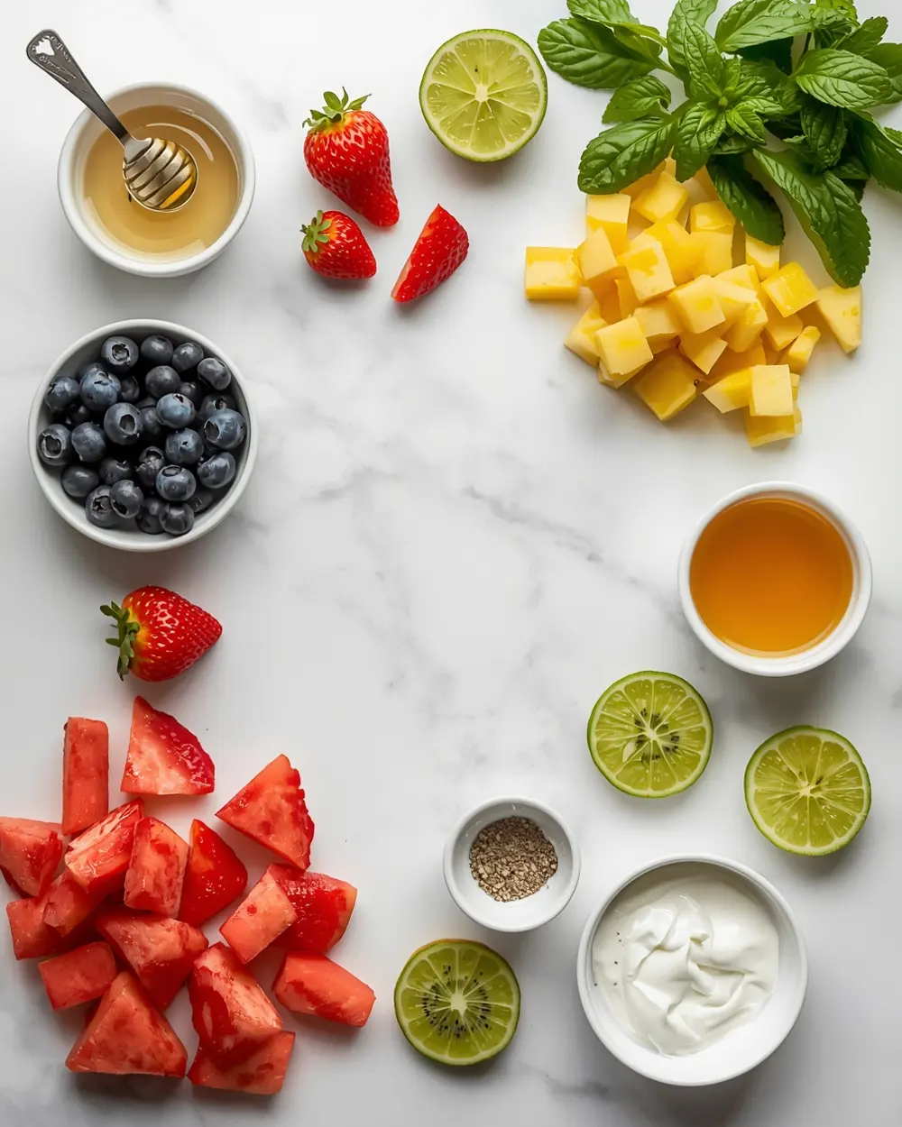Ingredients for summer fruit salad honey lime