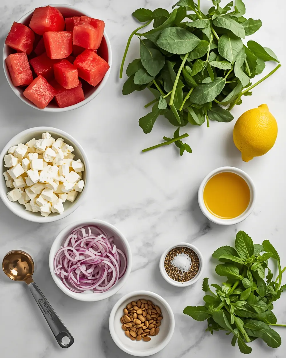 Ingredients for watermelon arugula salad
