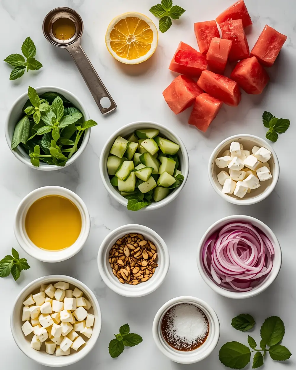 Ingredients for watermelon feta mint salad