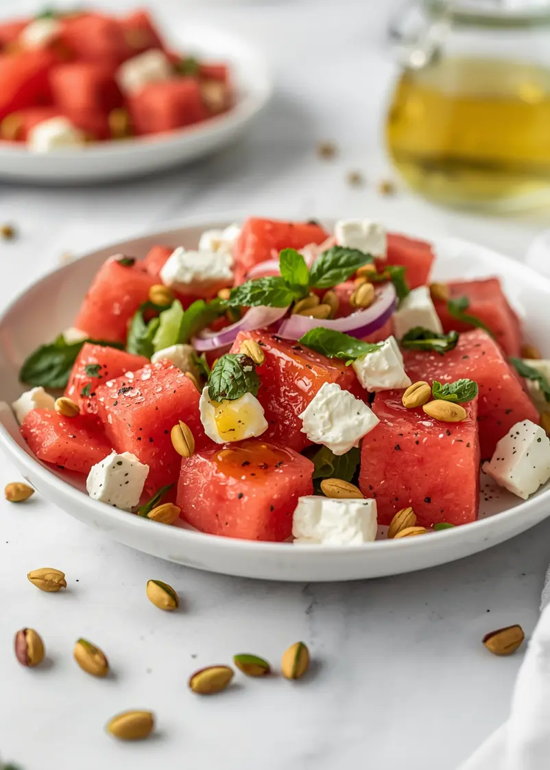 watermelon feta mint salad ready to serve
