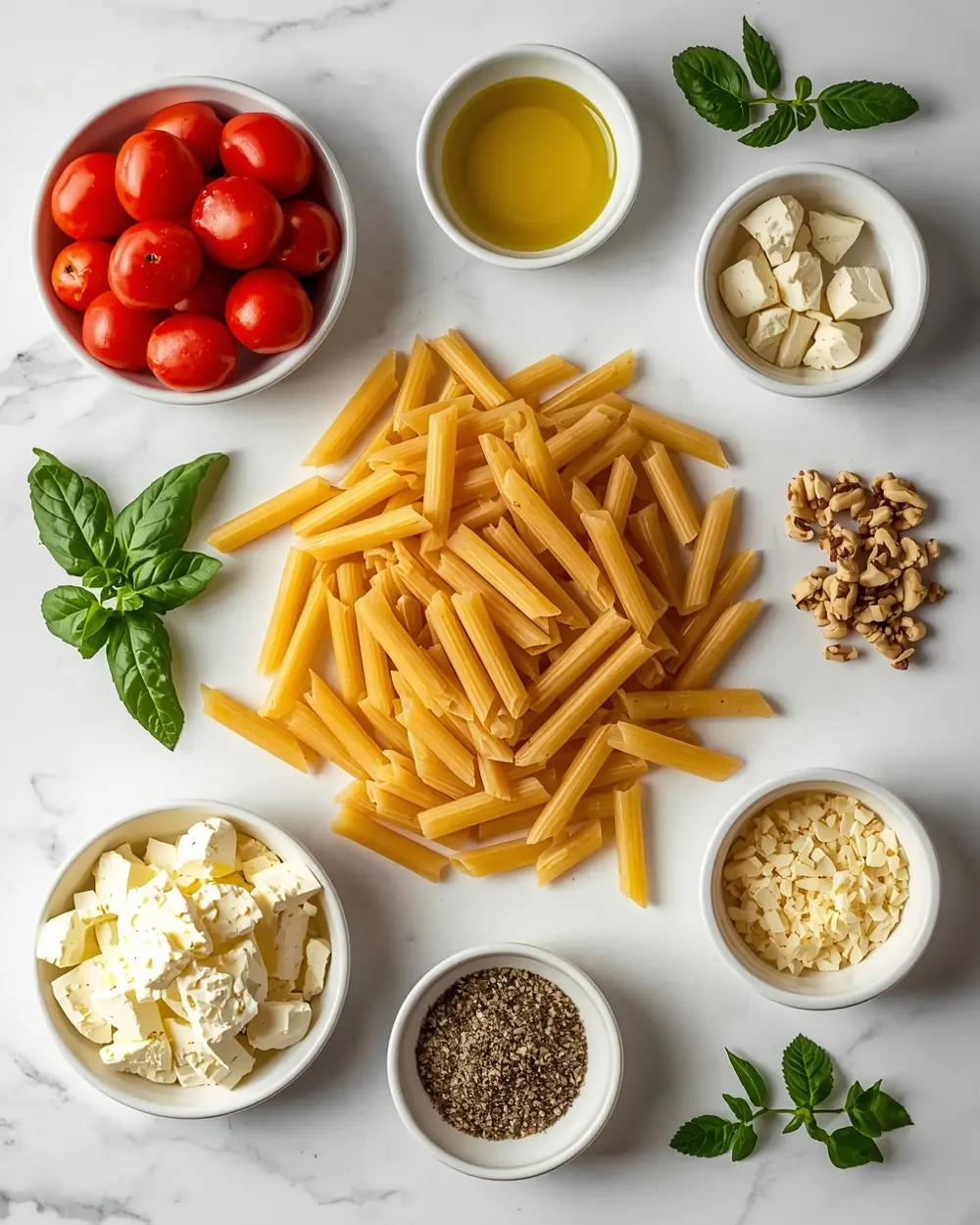 Ingredients for baked feta pasta recipe summer