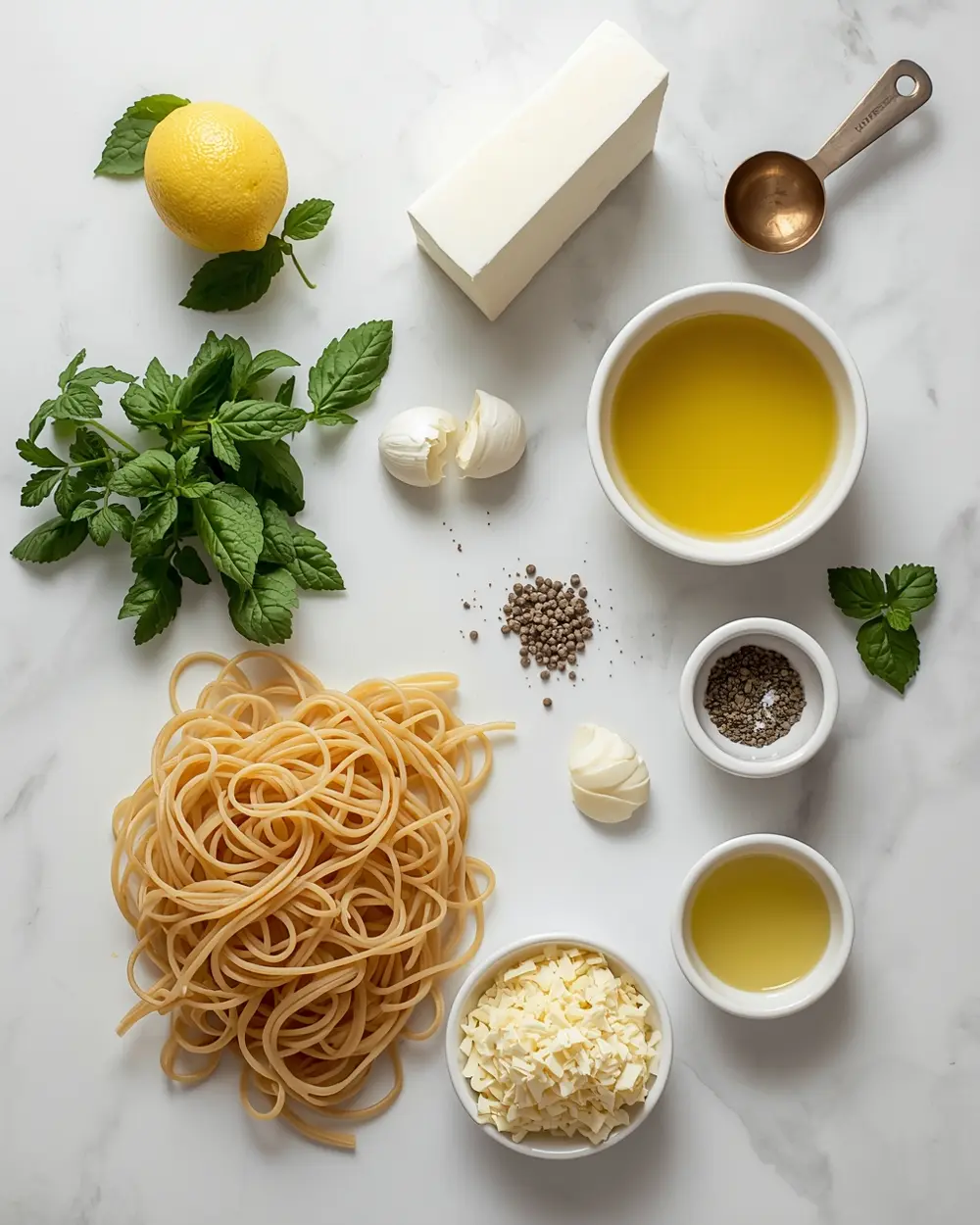 Ingredients for cold lemon pasta recipe summer
