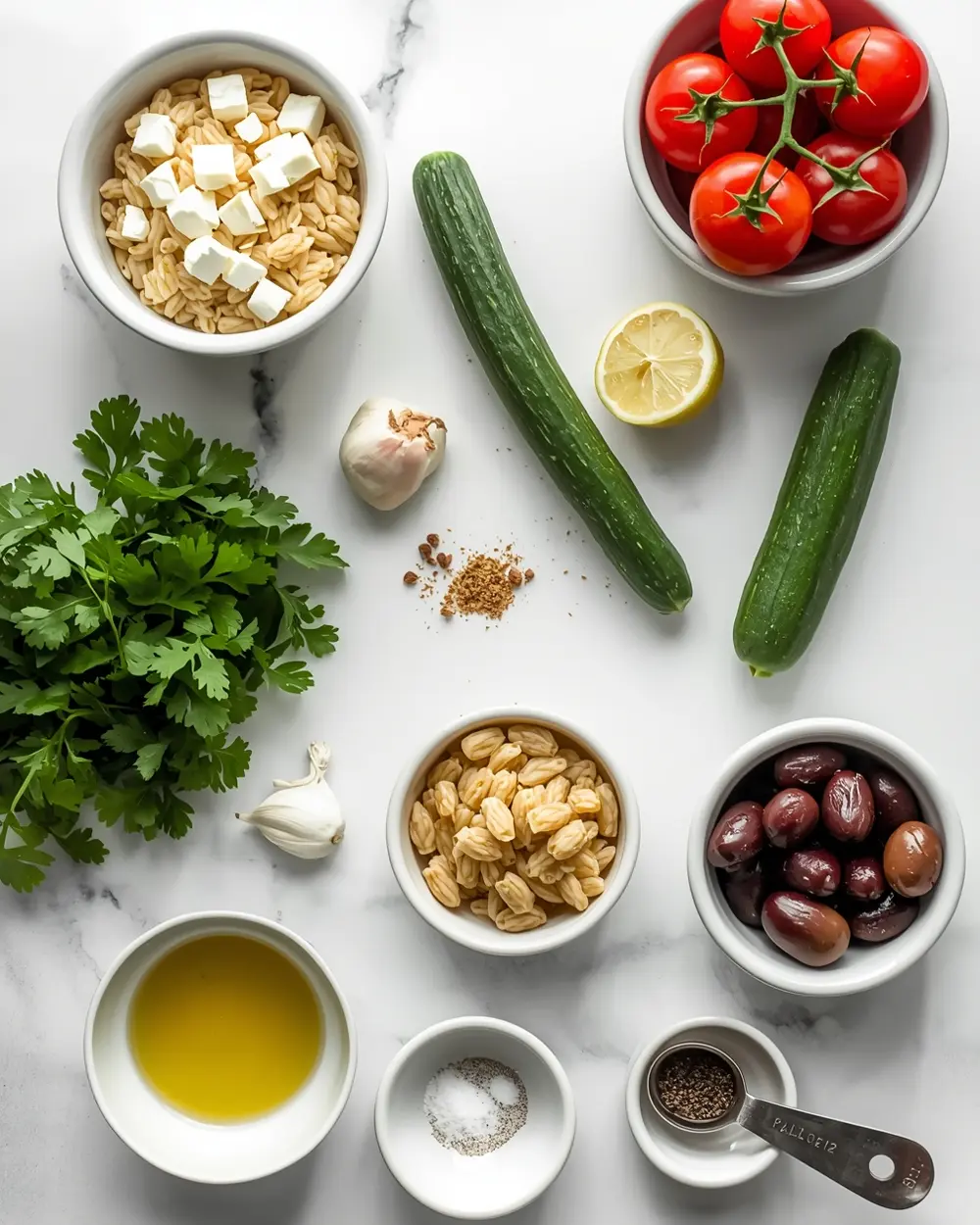 Ingredients for cold orzo salad recipe summer