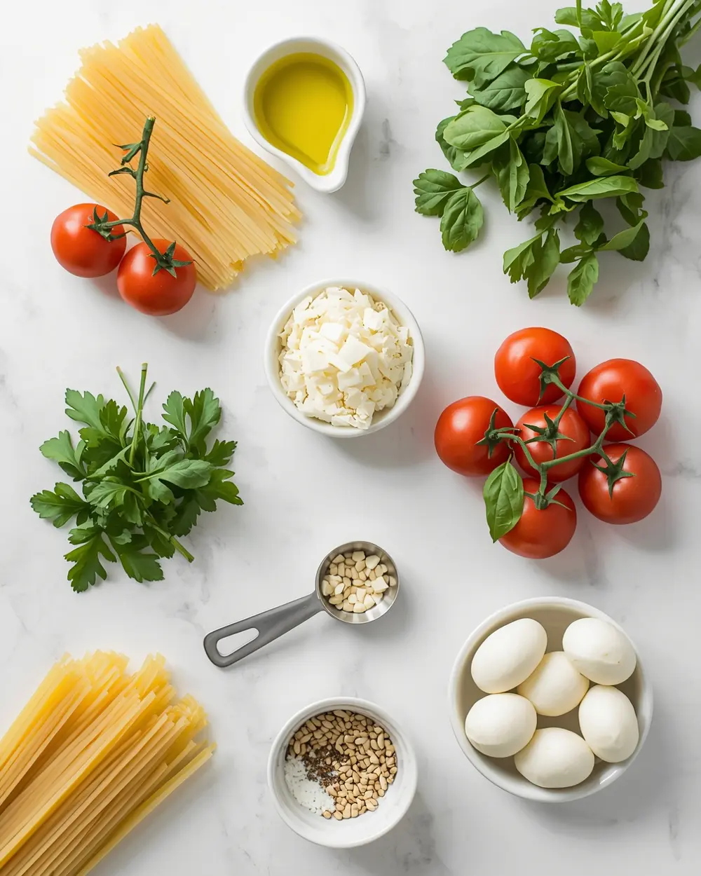 Ingredients for cold pesto pasta recipe summer