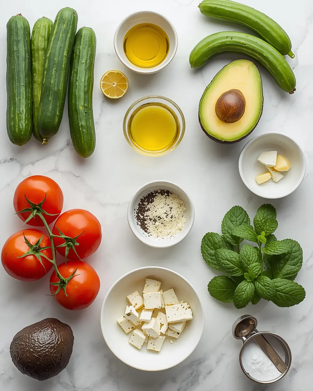 Ingredients for cucumber tomato avocado salad recipe