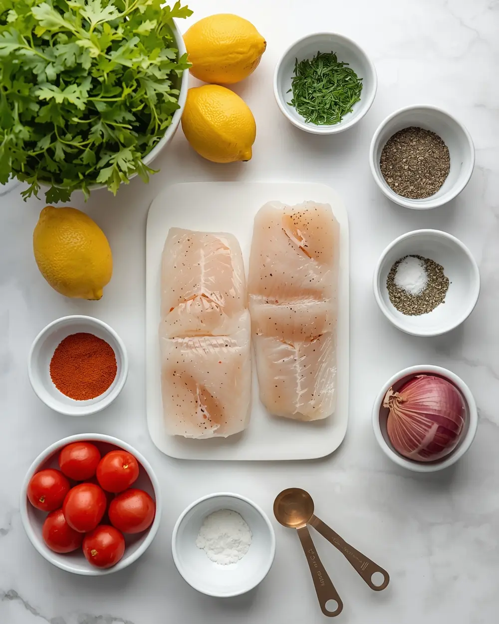 Ingredients for grilled cod recipe summer dinner