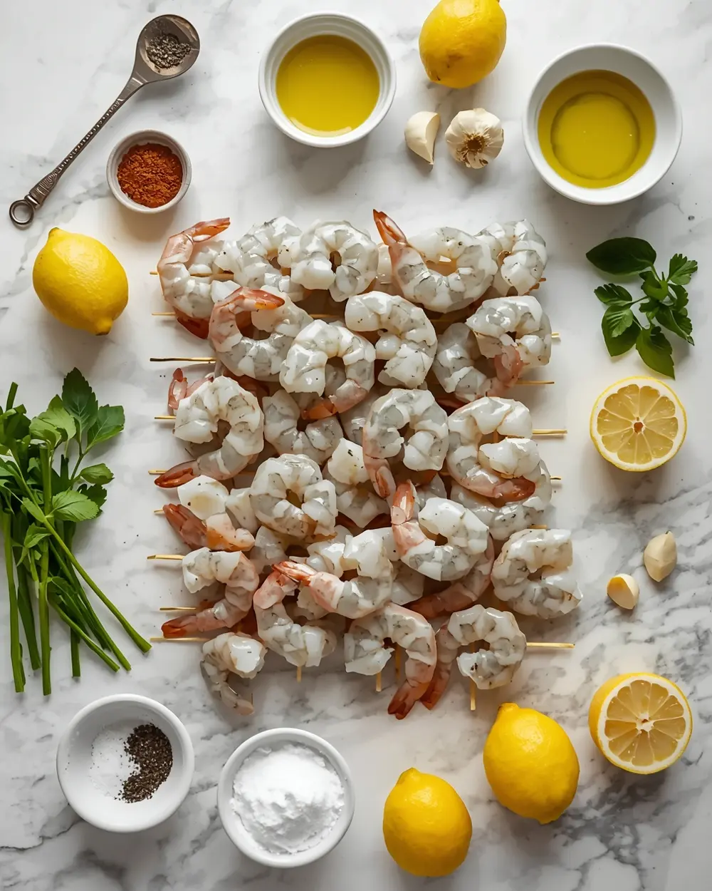 Ingredients for grilled shrimp skewers recipe summer