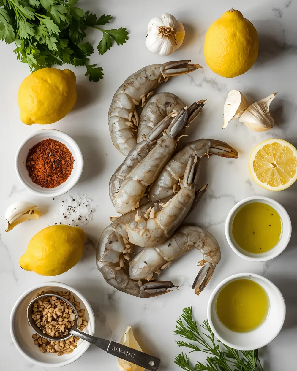 Ingredients for grilled shrimp skewers recipe summer