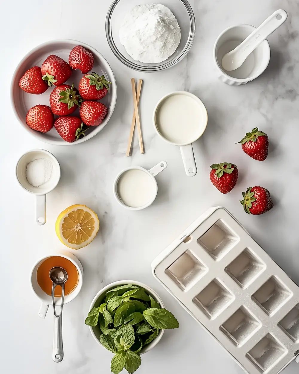 Ingredients for homemade strawberry popsicles recipe