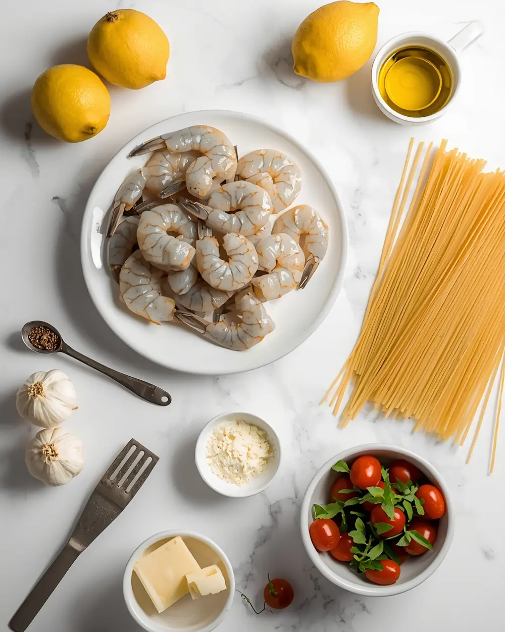 Ingredients for lemon garlic shrimp pasta recipe