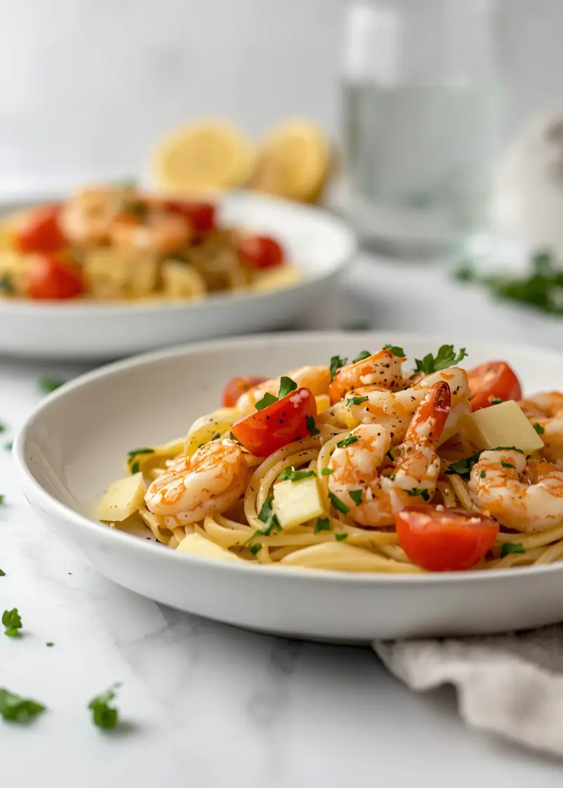 lemon garlic shrimp pasta recipe ready to serve