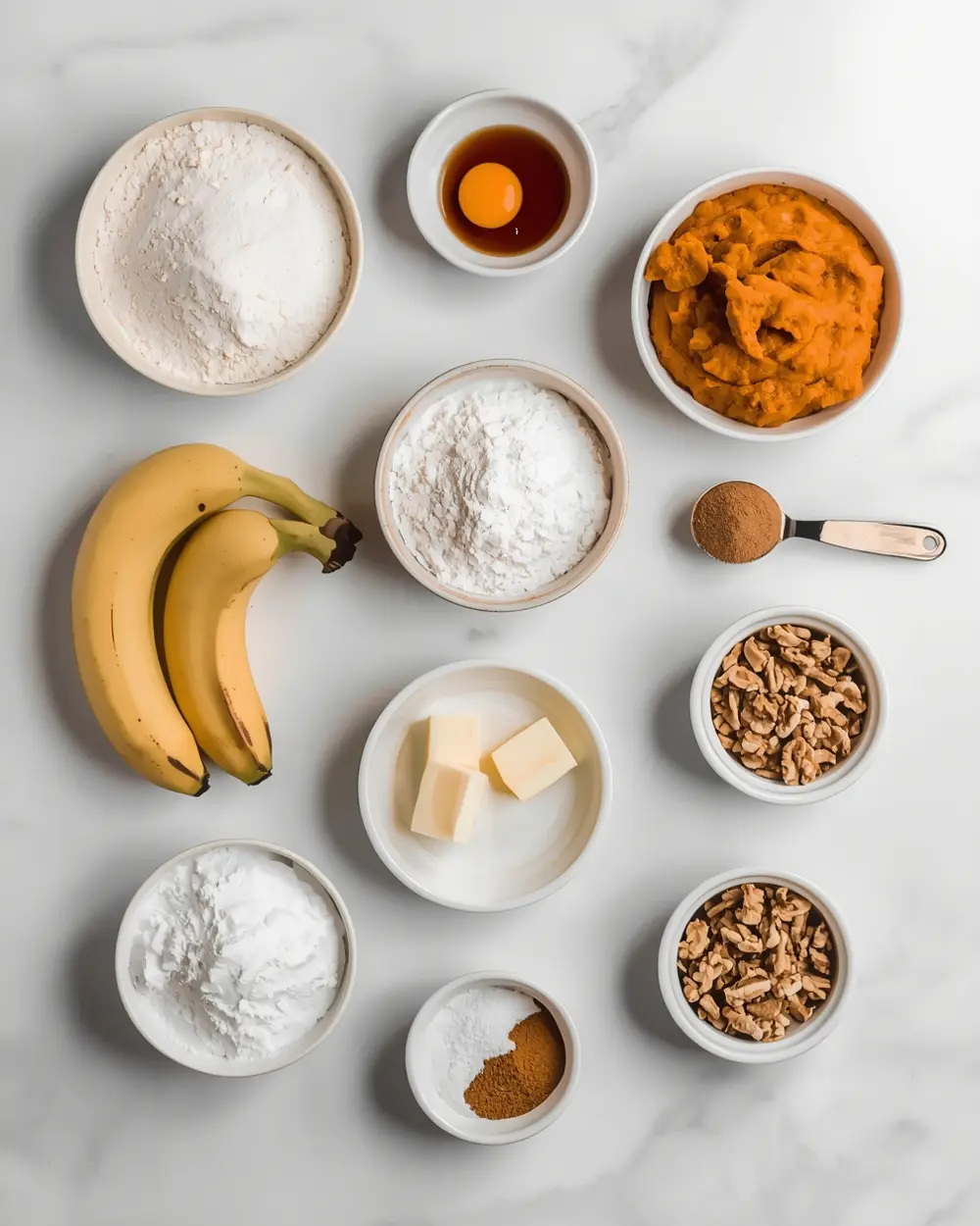 Ingredients for pumpkin banana bread recipe fall