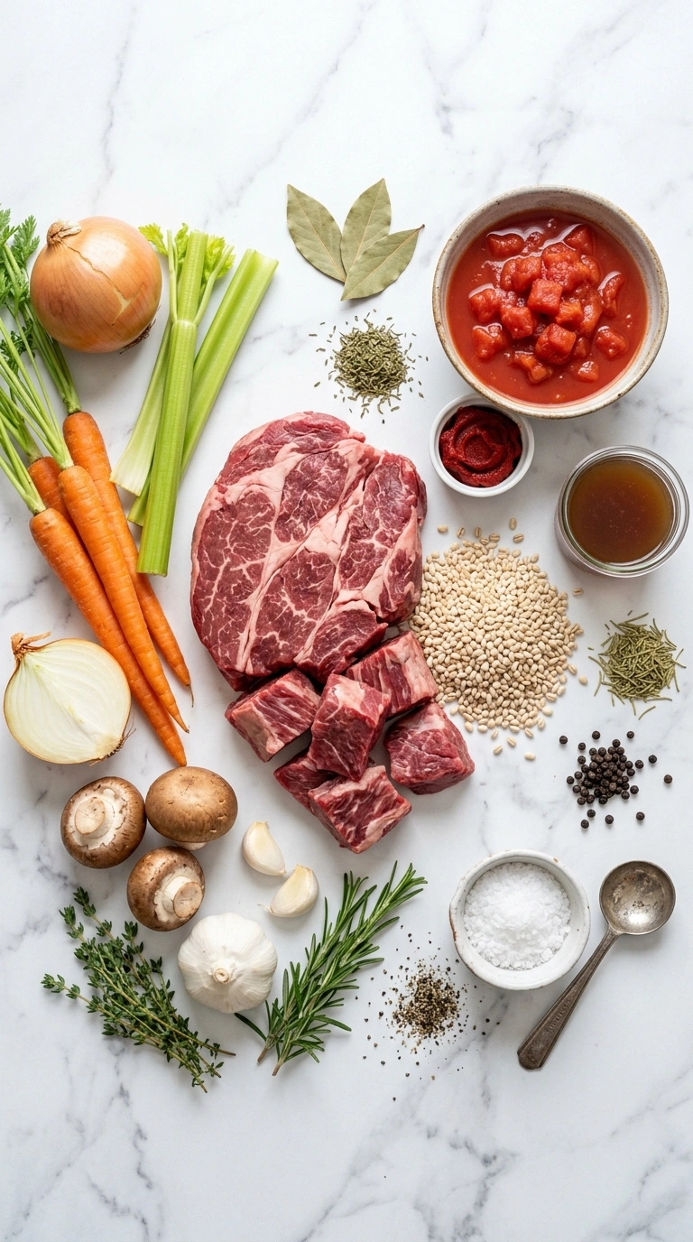 Ingredients for slow cooker beef barley soup fall