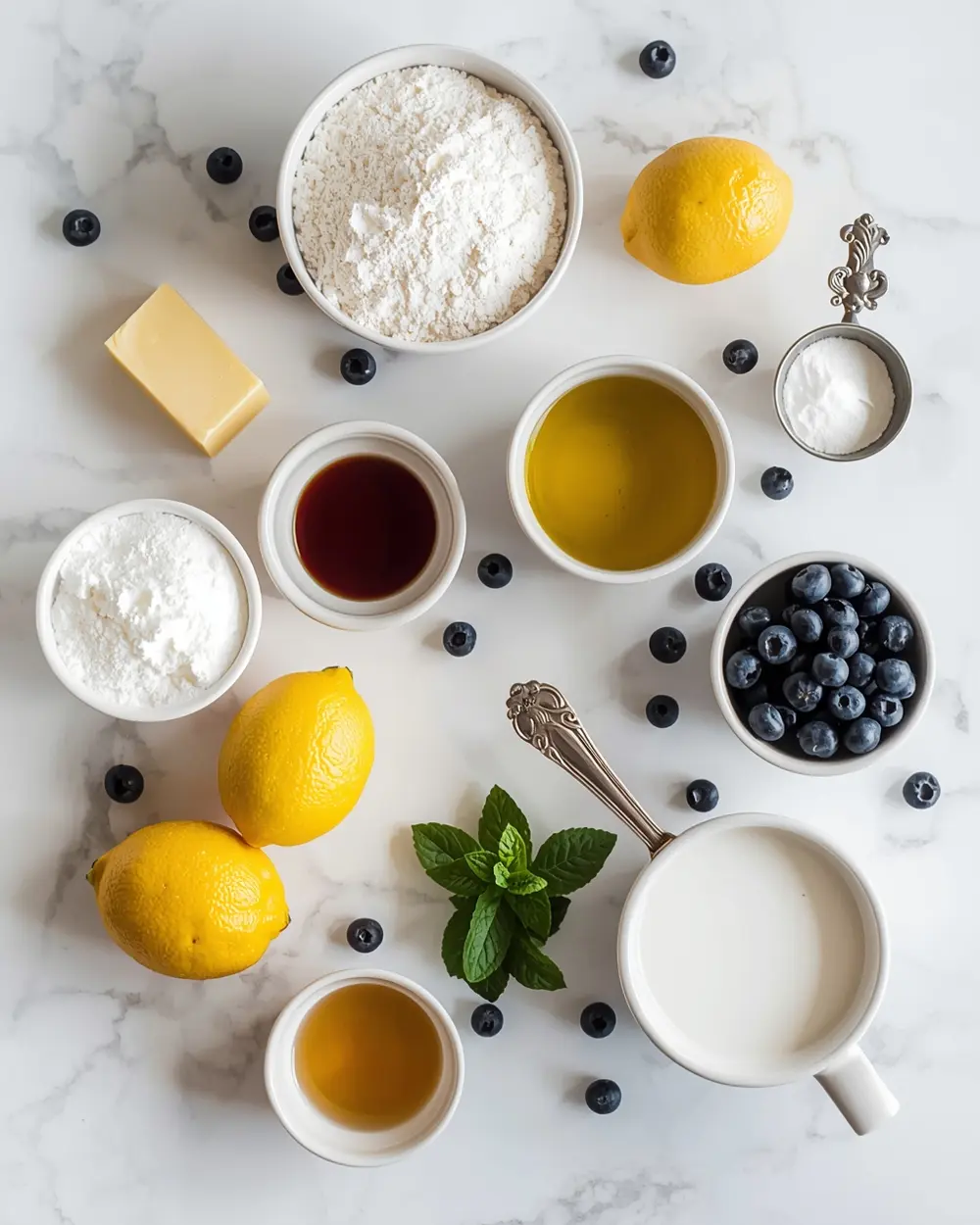 Ingredients for summer lemon blueberry cake recipe