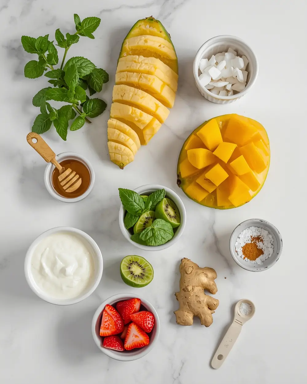 Ingredients for summer tropical smoothie recipe
