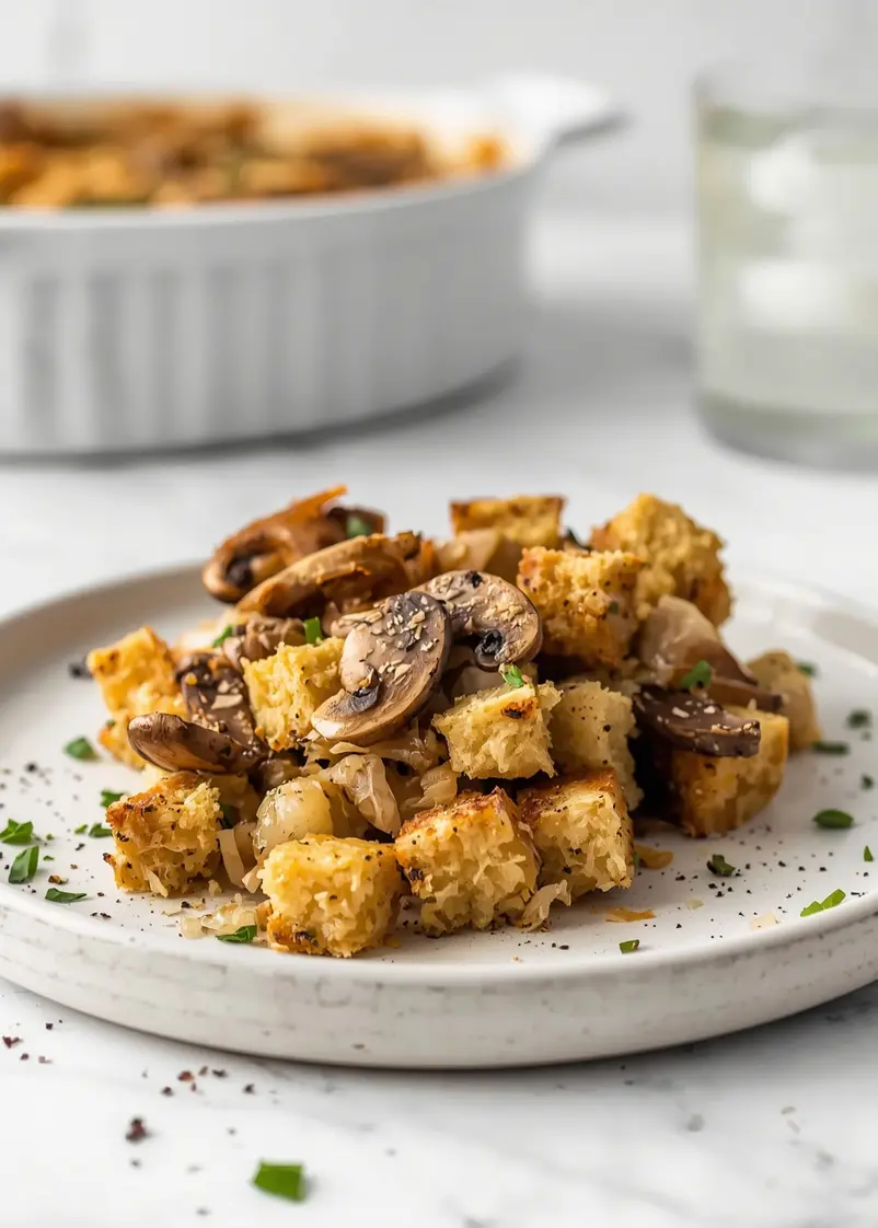 thanksgiving mushroom stuffing recipe ready to serve