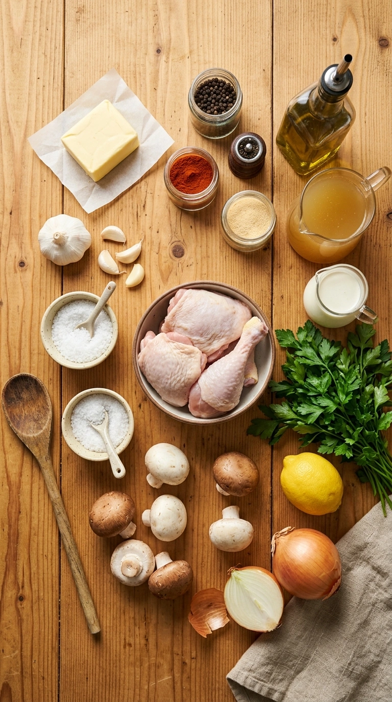 Ingredients for golden 30 min garlic butter chicken skillet