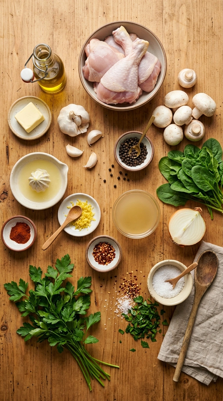 Ingredients for golden 30 min lemon pepper chicken skillet