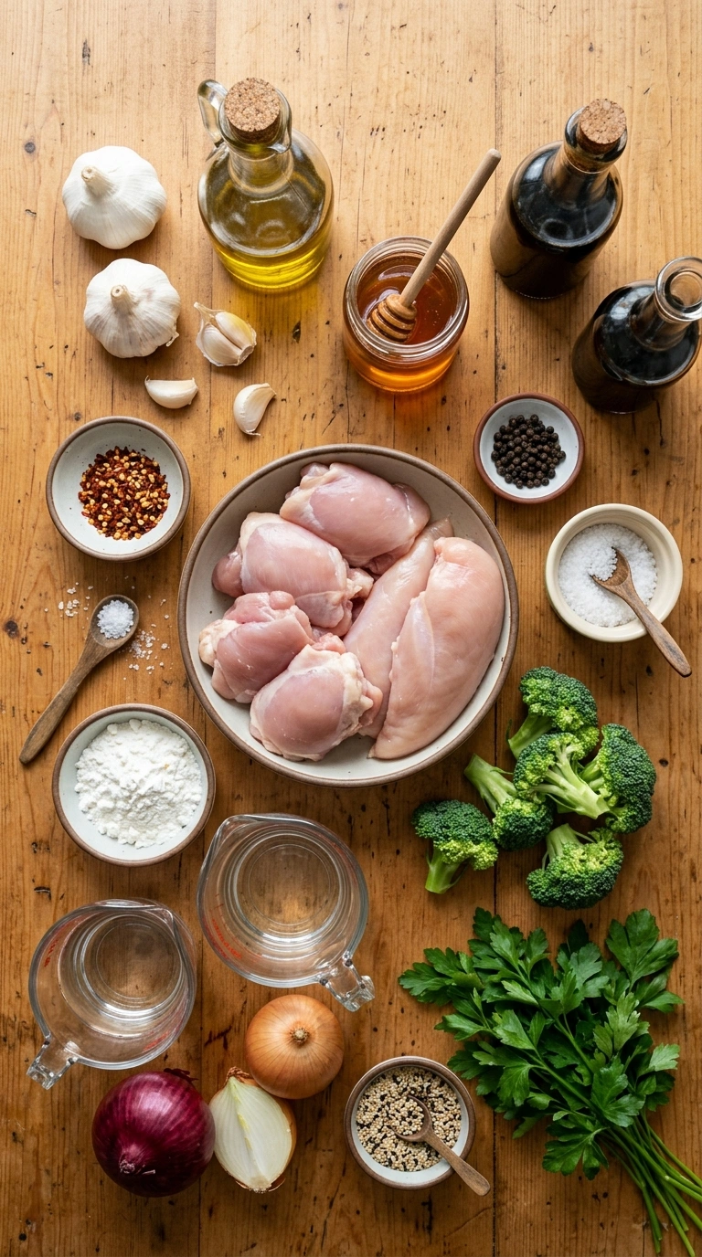 Ingredients for golden 30 min honey garlic chicken skillet