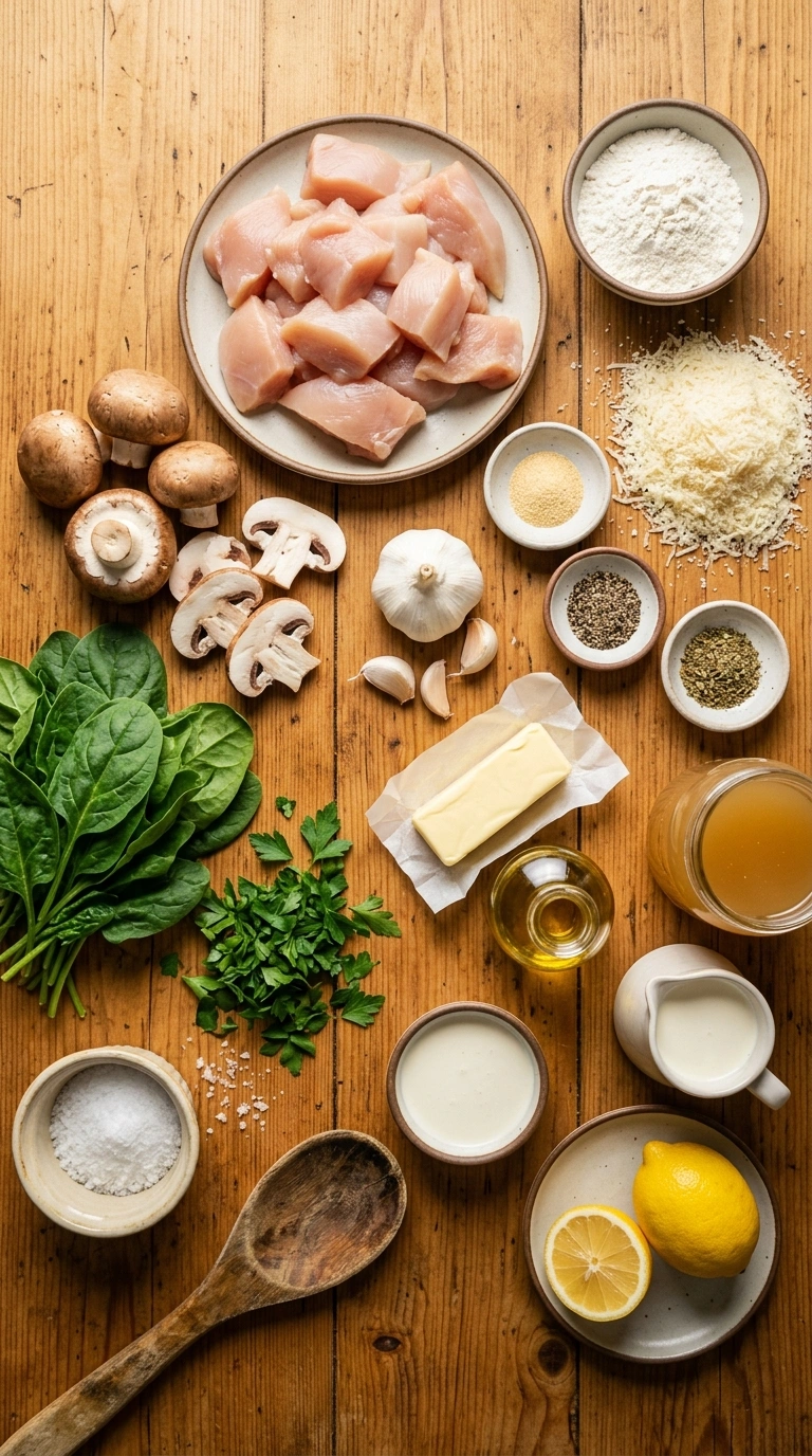 Ingredients for golden 30 min parmesan chicken skillet