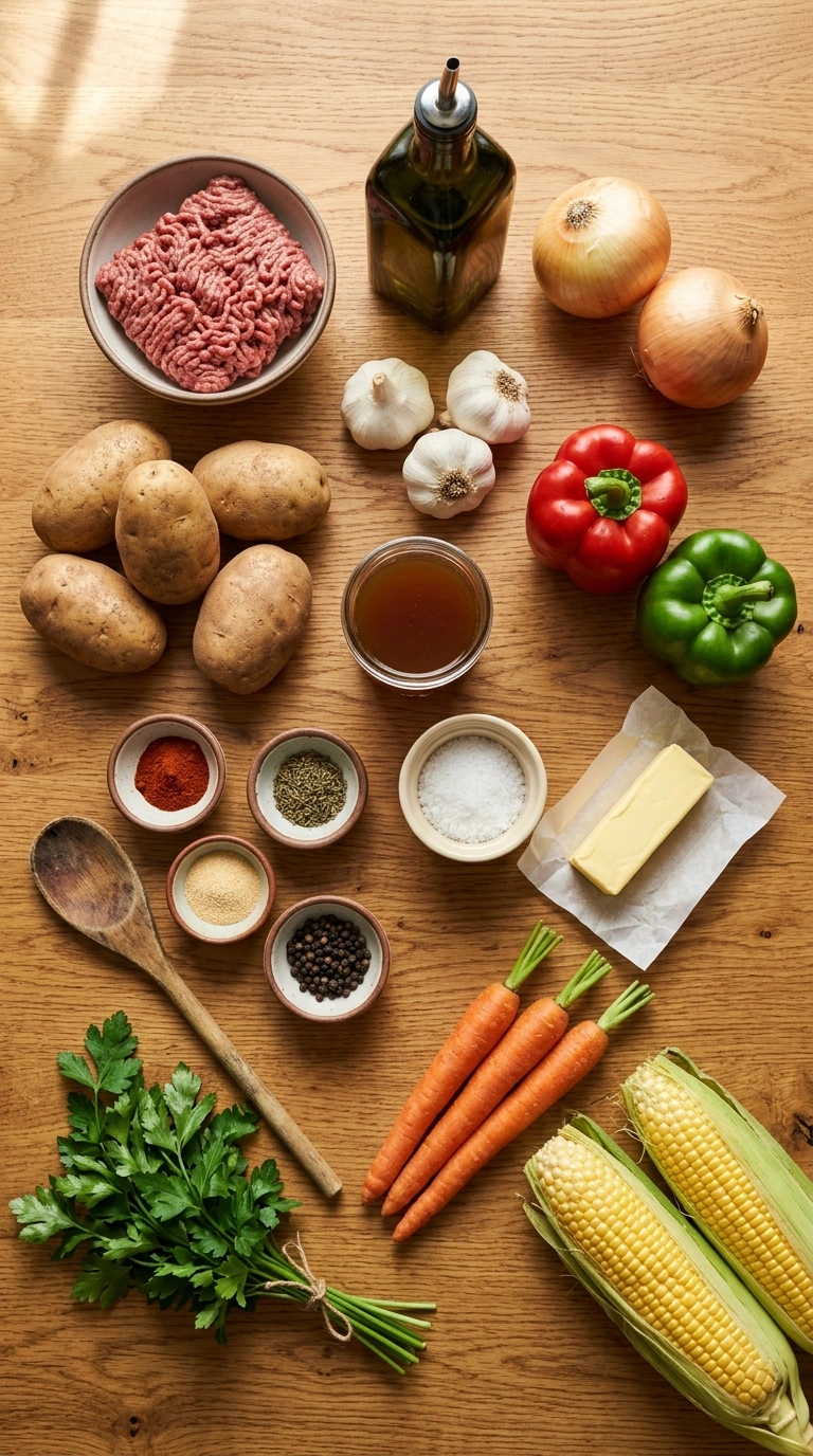 Ingredients for golden 30 min ground beef skillet