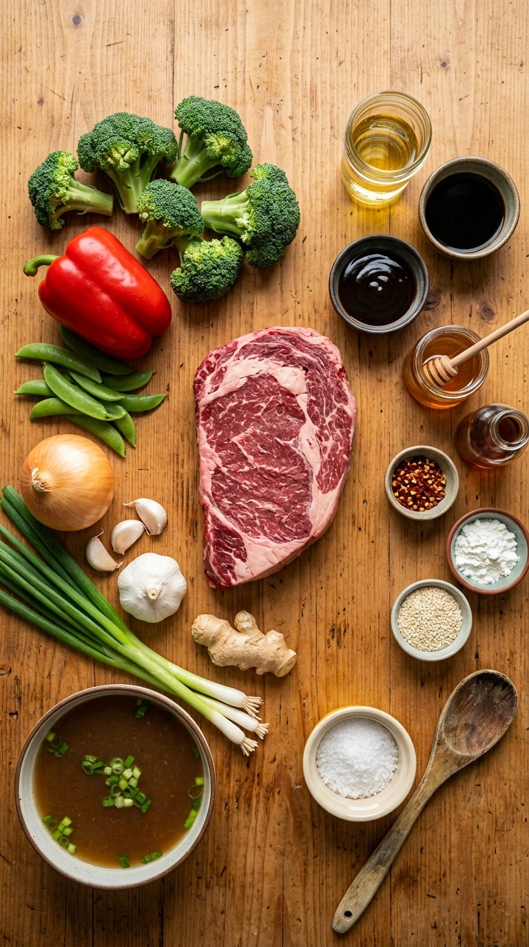 Ingredients for golden 30 min beef stir fry