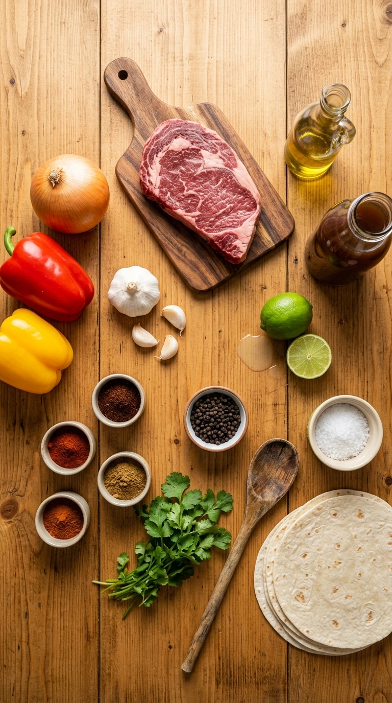 Ingredients for golden 30 min beef fajita skillet