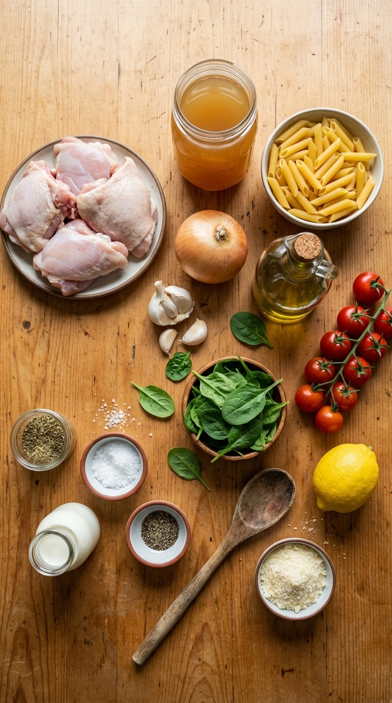 Ingredients for golden 30 min one pot chicken pasta