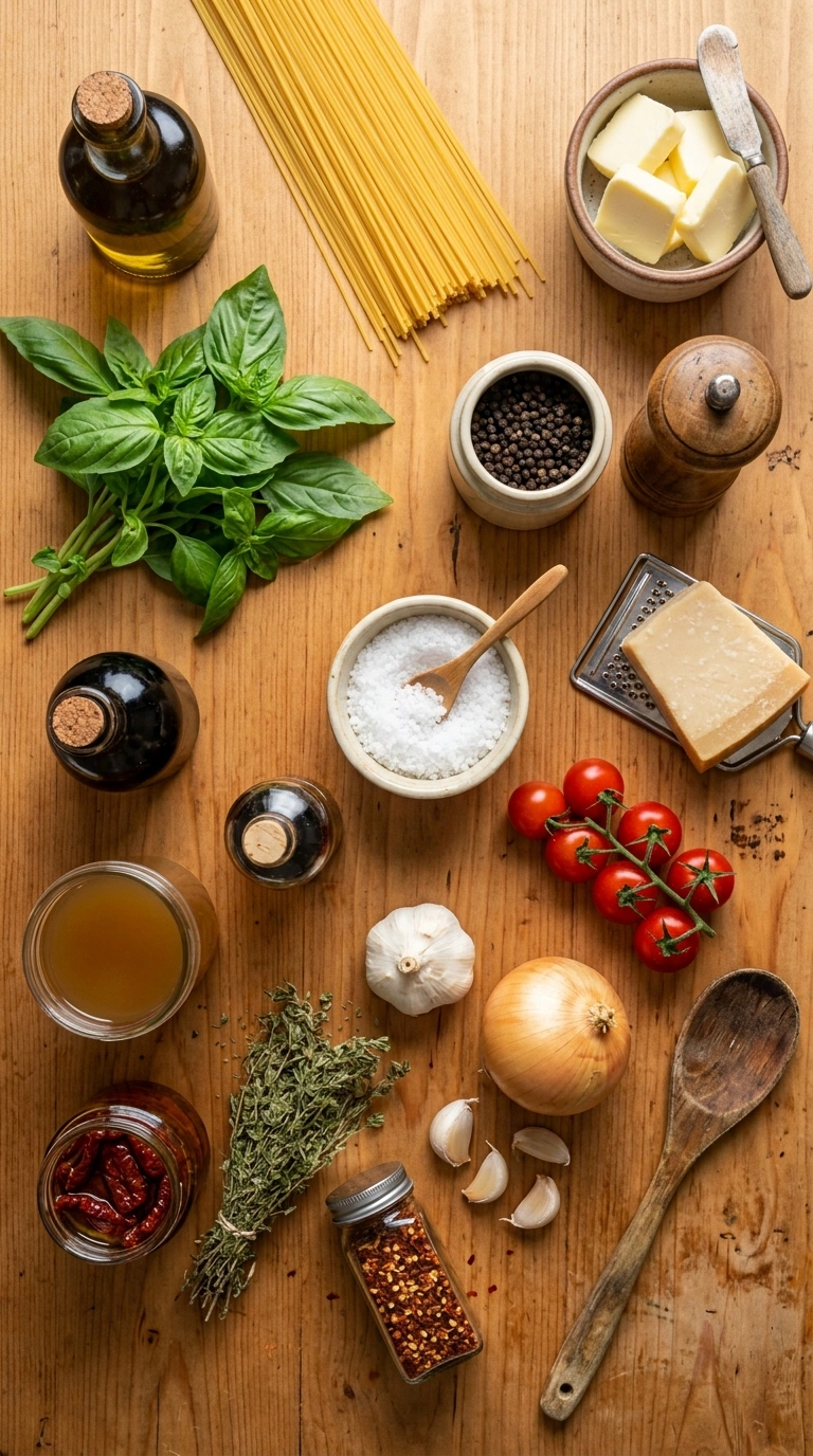 Ingredients for golden 30 min sun dried tomato pasta
