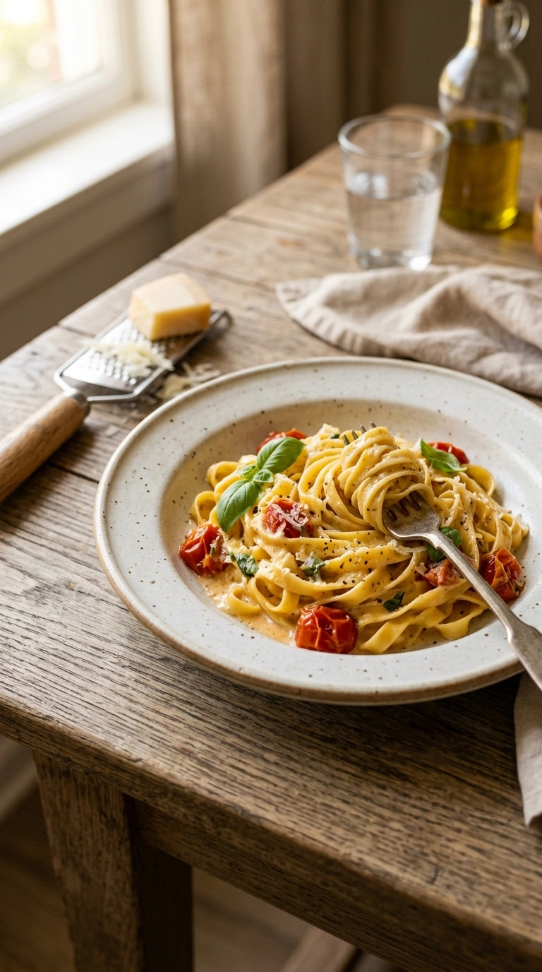 golden 30 min sun dried tomato pasta ready to serve