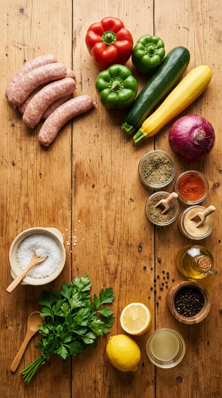 Ingredients for golden 30 min sheet pan chicken sausage veggies