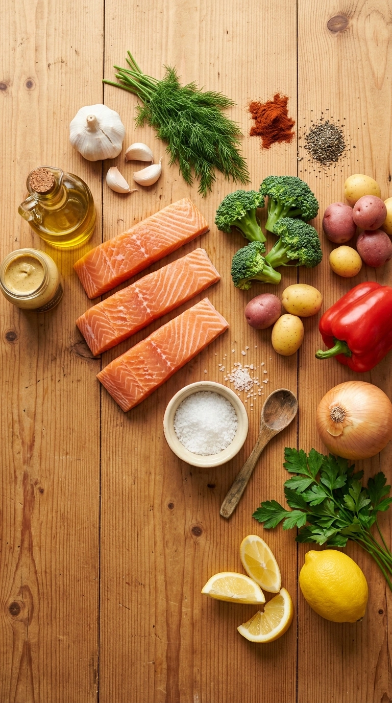 Ingredients for golden 30 min sheet pan salmon