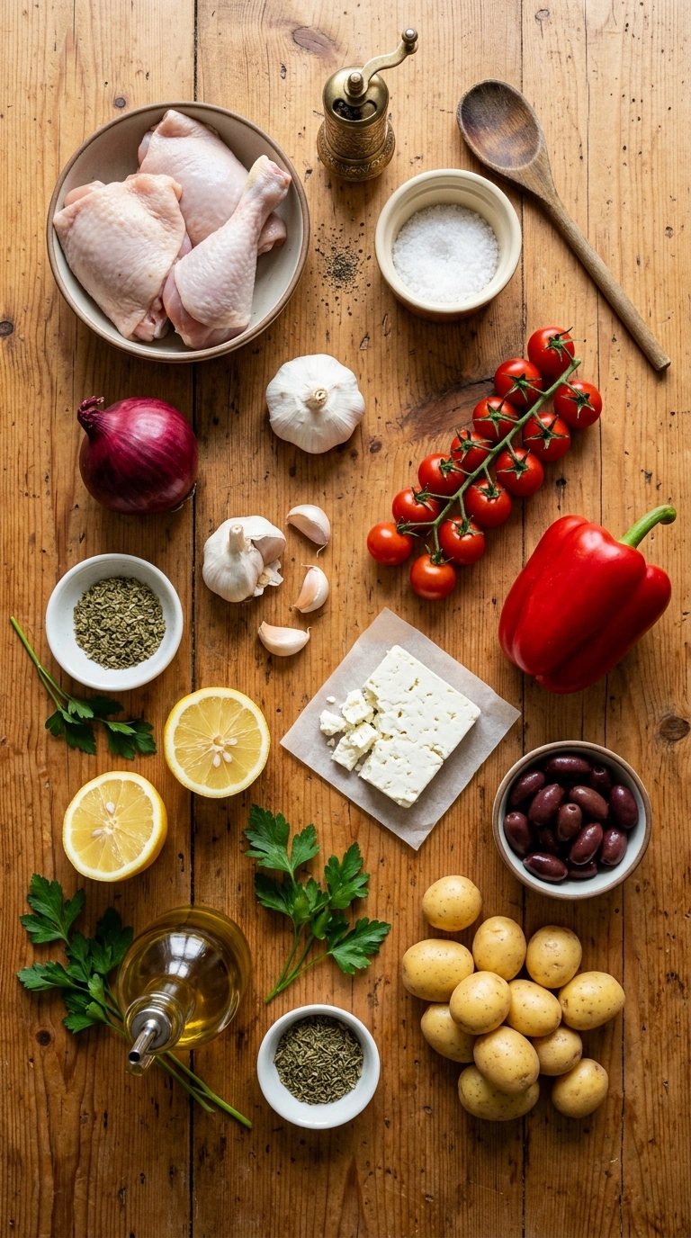 Ingredients for golden 30 min sheet pan greek chicken