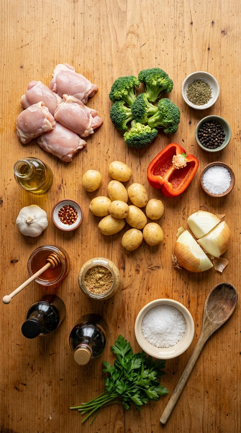 Ingredients for golden 30 min sheet pan honey garlic chicken