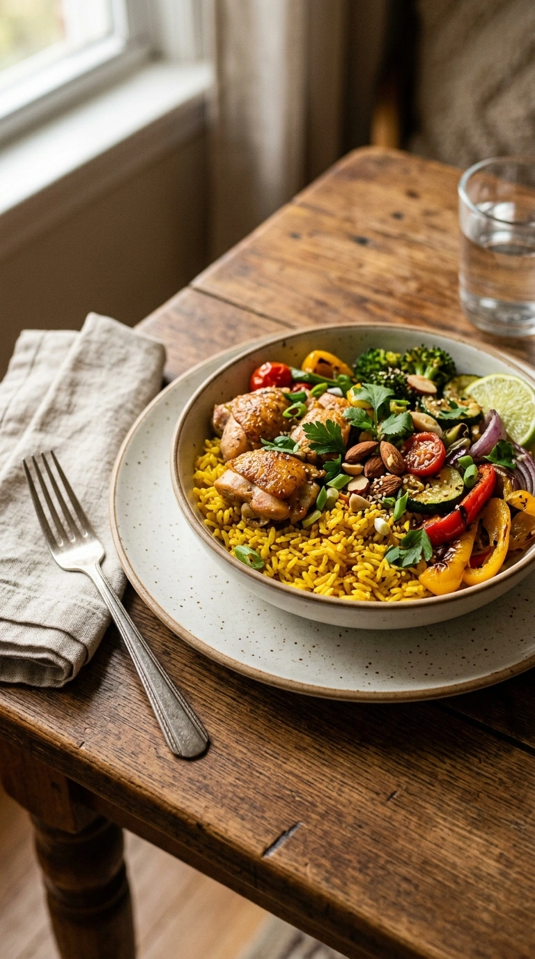golden 30 min chicken rice bowl ready to serve