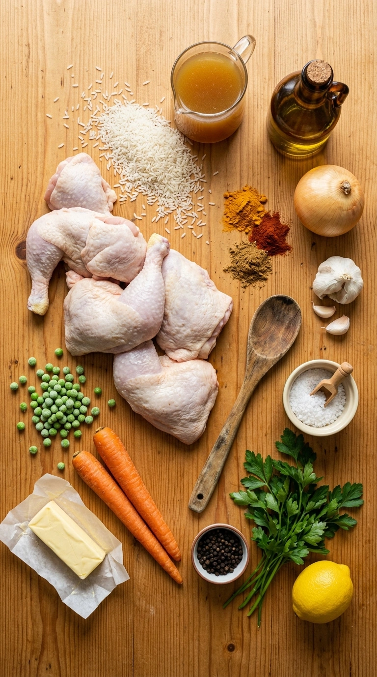 Ingredients for golden 30 min chicken rice bowl