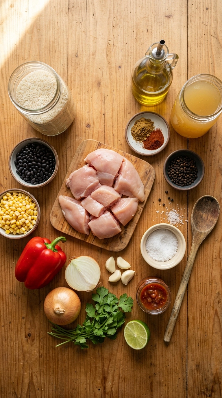 Ingredients for golden 30 min burrito rice bowl