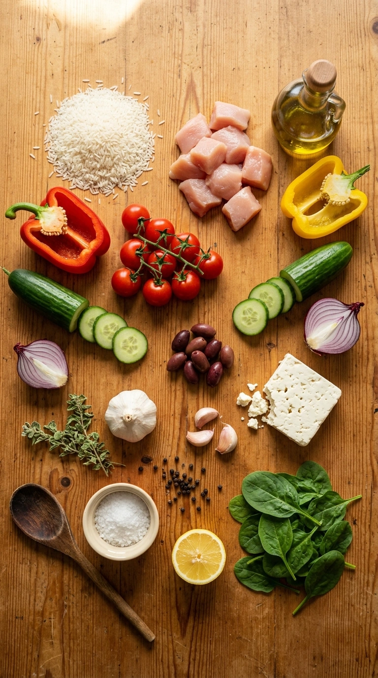 Ingredients for golden 30 min mediterranean rice bowl
