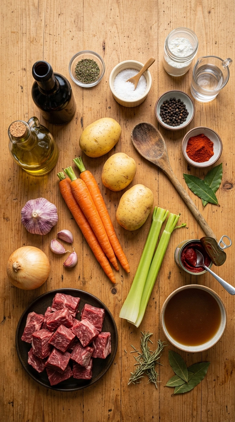 Ingredients for deep rich slow cooker beef stew
