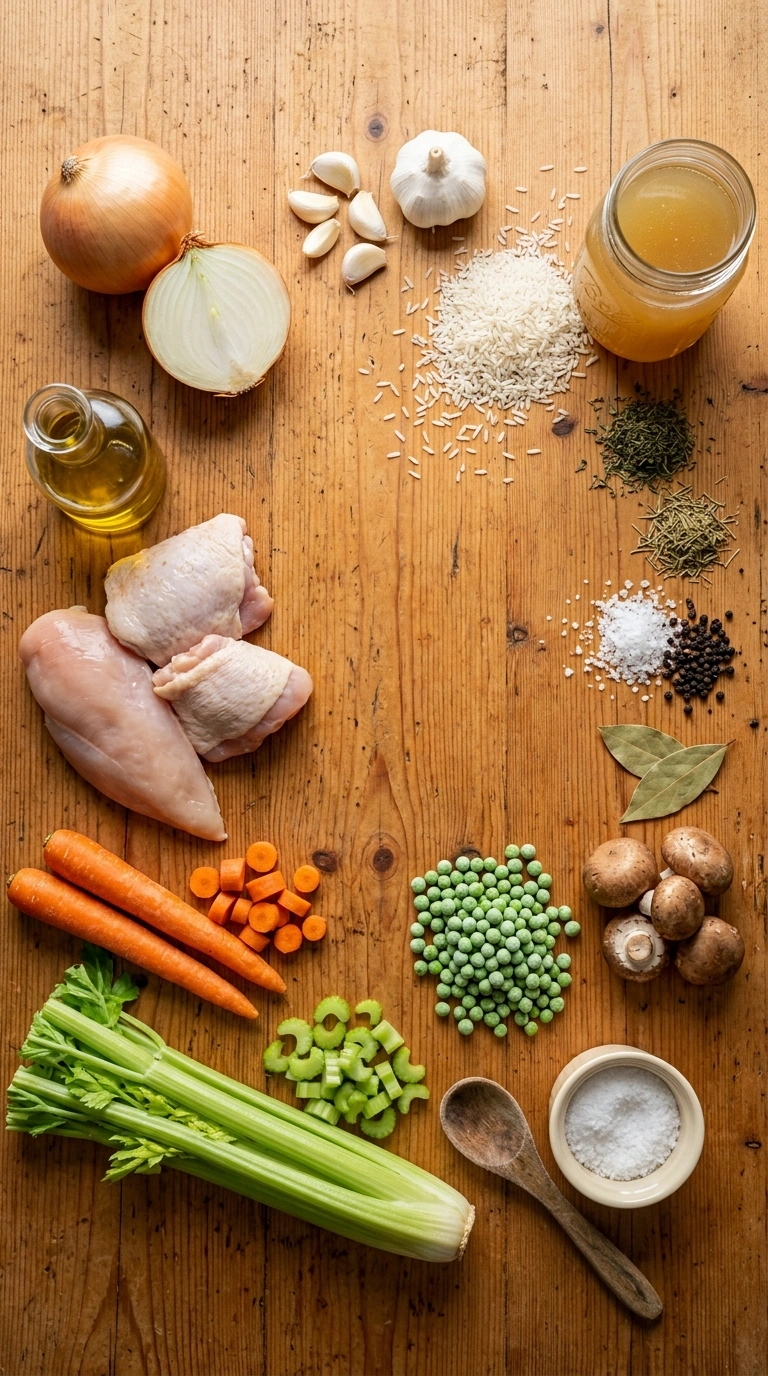 Ingredients for tender rich slow cooker chicken and rice