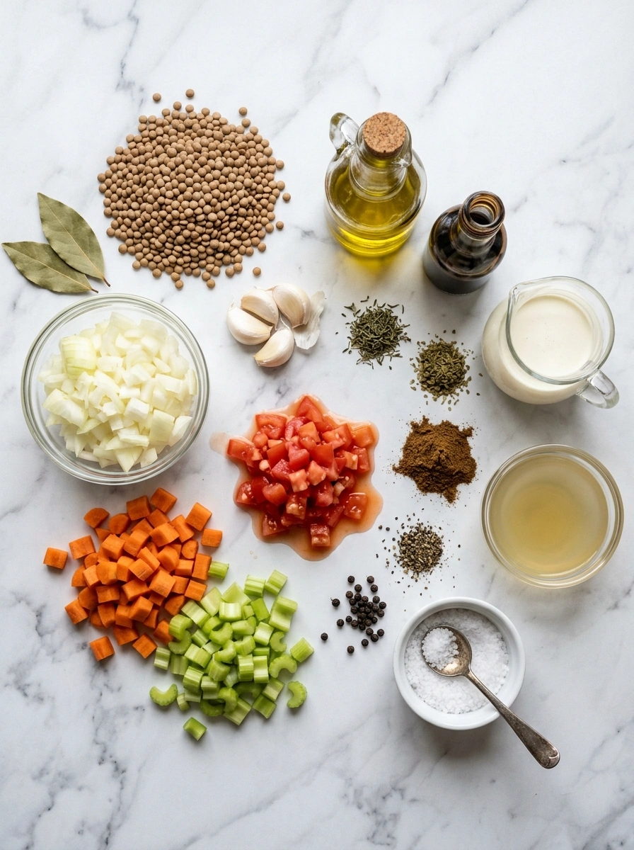 Ingredients for creamy hearty slow cooker lentil soup