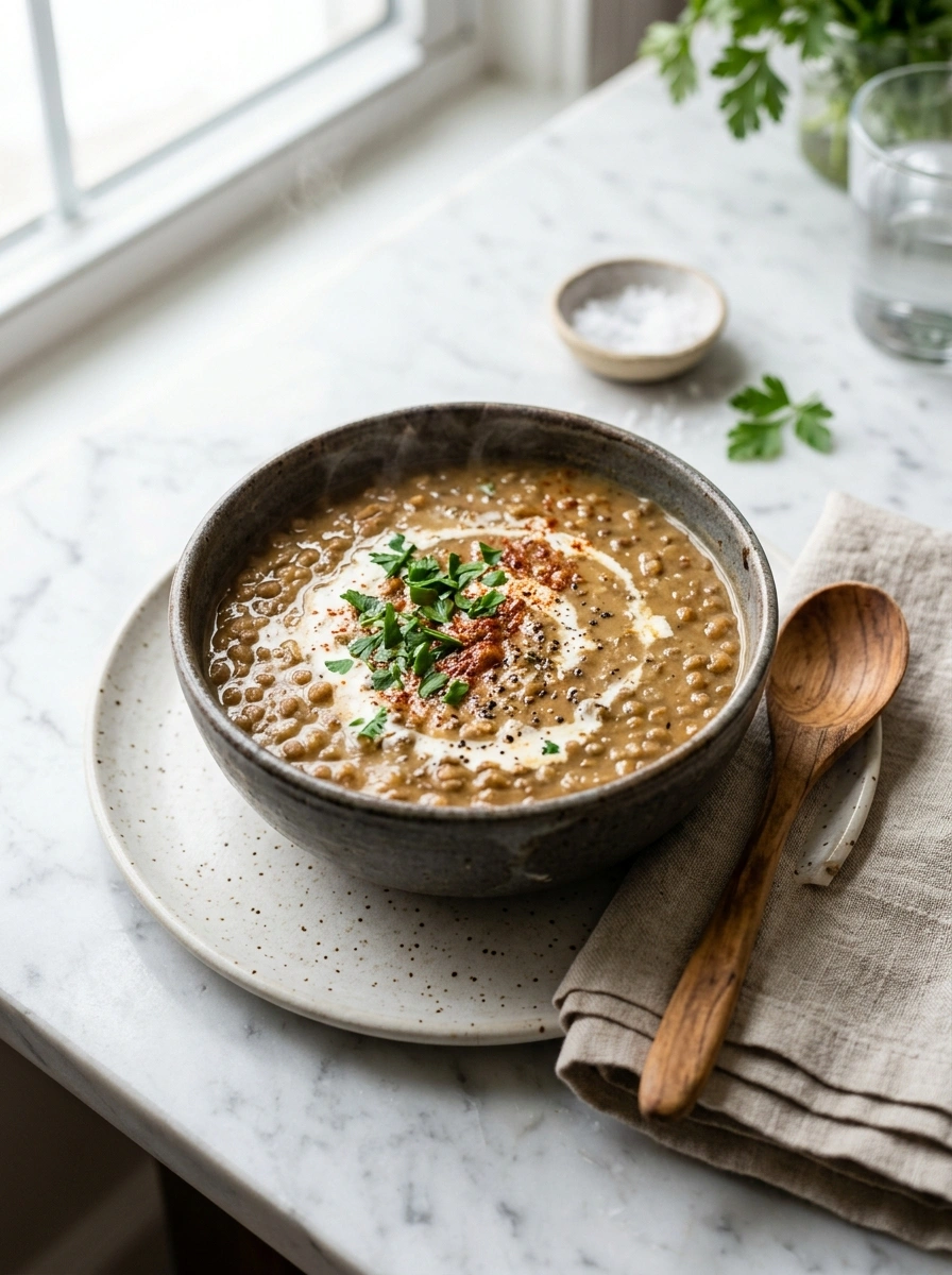 creamy hearty slow cooker lentil soup ready to serve